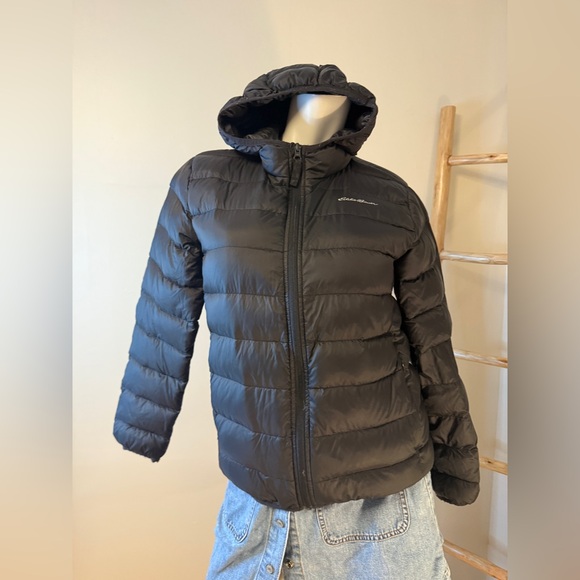 Eddie Bauer Down Black Puffer Jacket with Hood Large 14 - Picture 1 of 8